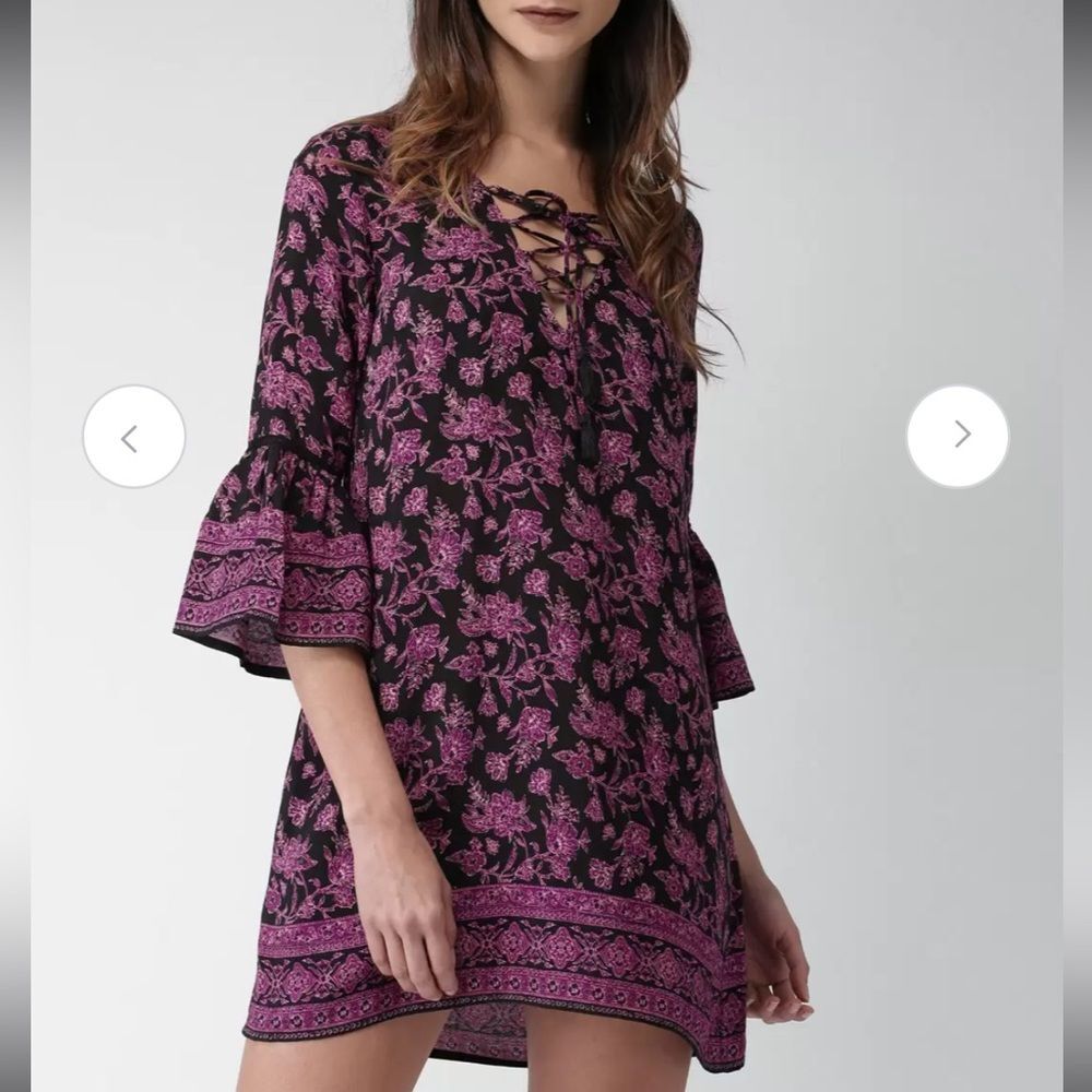 FOREVER 21 Women Black/Purple Floral Printed A-Line Dress Sz M Bell Sleeves boho